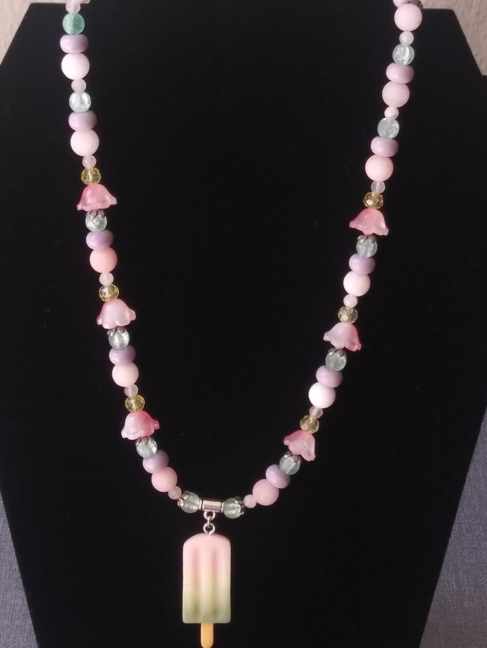 Handmade Pink Pastel Bead Necklace with Popsicle Pendant